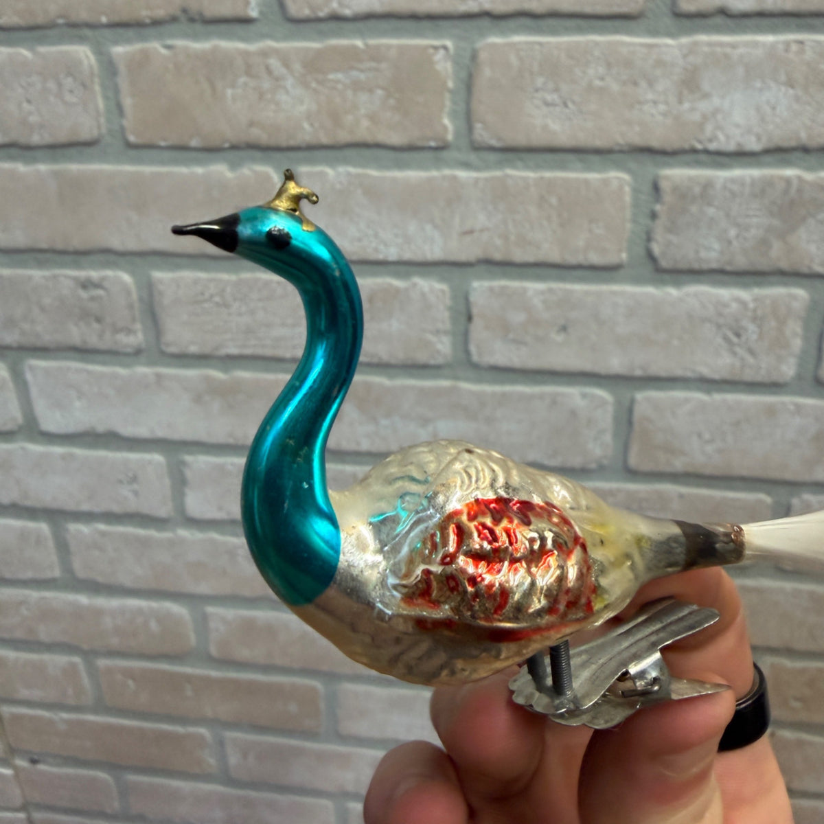 Antique Germany Glass Clip On Bird Ornament Blue Colored Cotton Spun Tail