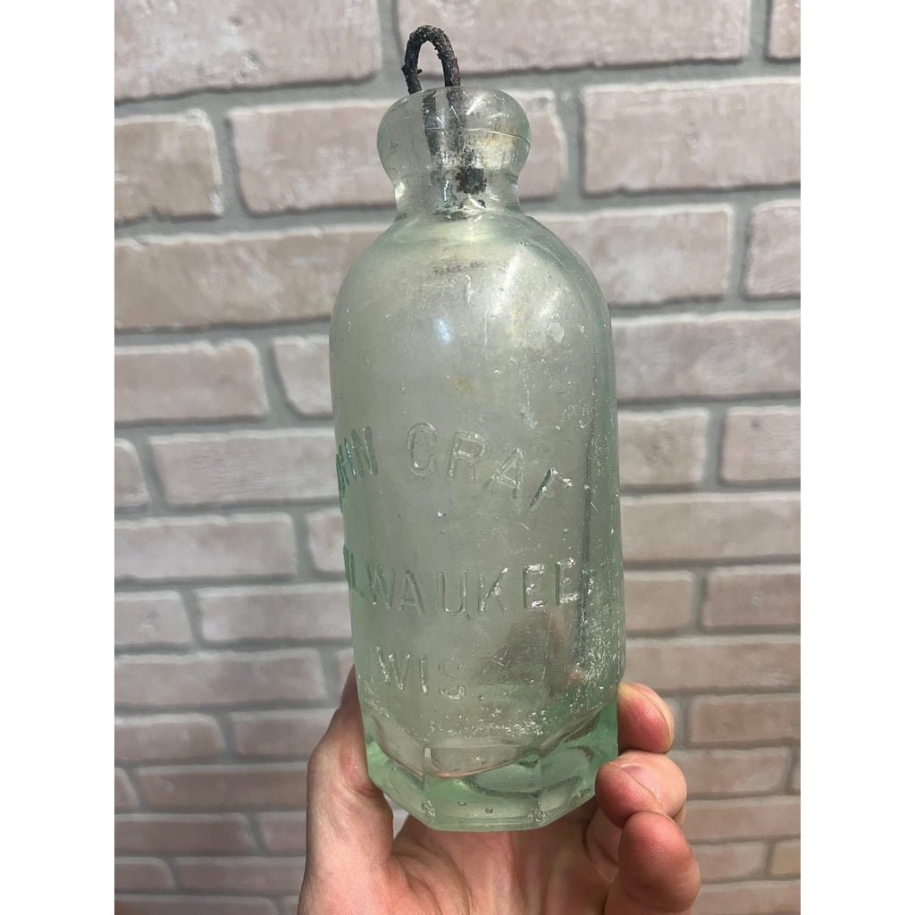 John Graf Milwaukee Wis Aqua Blue Glass Soda Bottle Blob Top Octagon Base WI