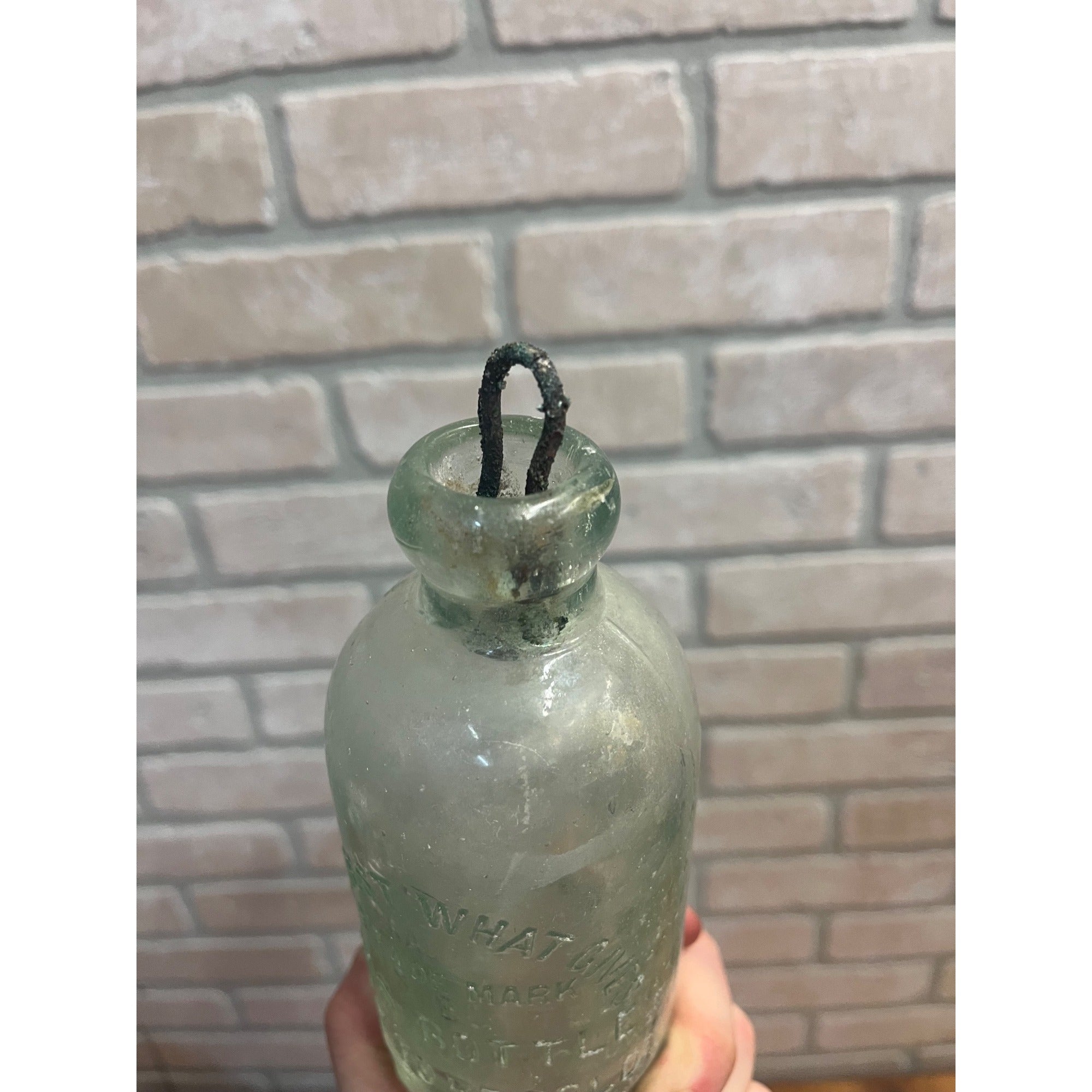 John Graf Milwaukee Wis Aqua Blue Glass Soda Bottle Blob Top Octagon Base WI