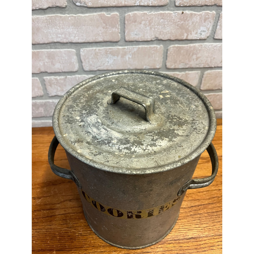 Antique Galvanized Tin Cookie Jar Primitive Farmhouse w. Handles