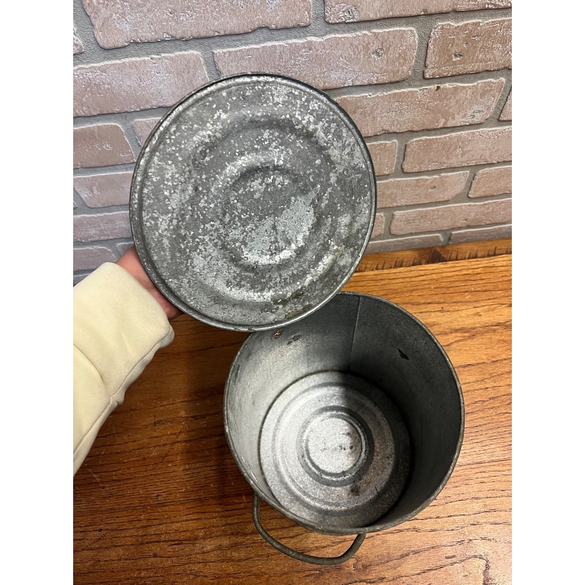 Antique Galvanized Tin Cookie Jar Primitive Farmhouse w. Handles