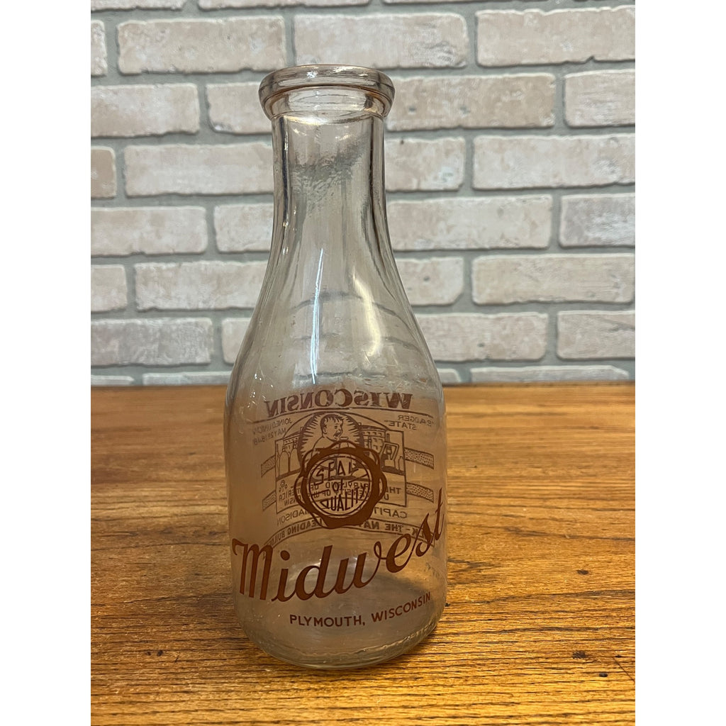 Vintage Midwest Milk Bottle With Wisconsin Facts Plymouth, Wisconsin University of WI One Quart