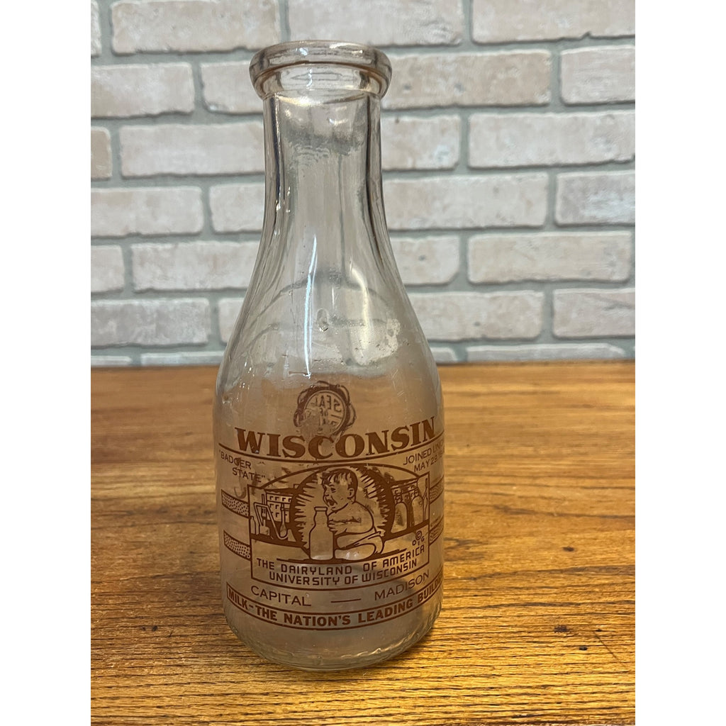 Vintage Midwest Milk Bottle With Wisconsin Facts Plymouth, Wisconsin University of WI One Quart