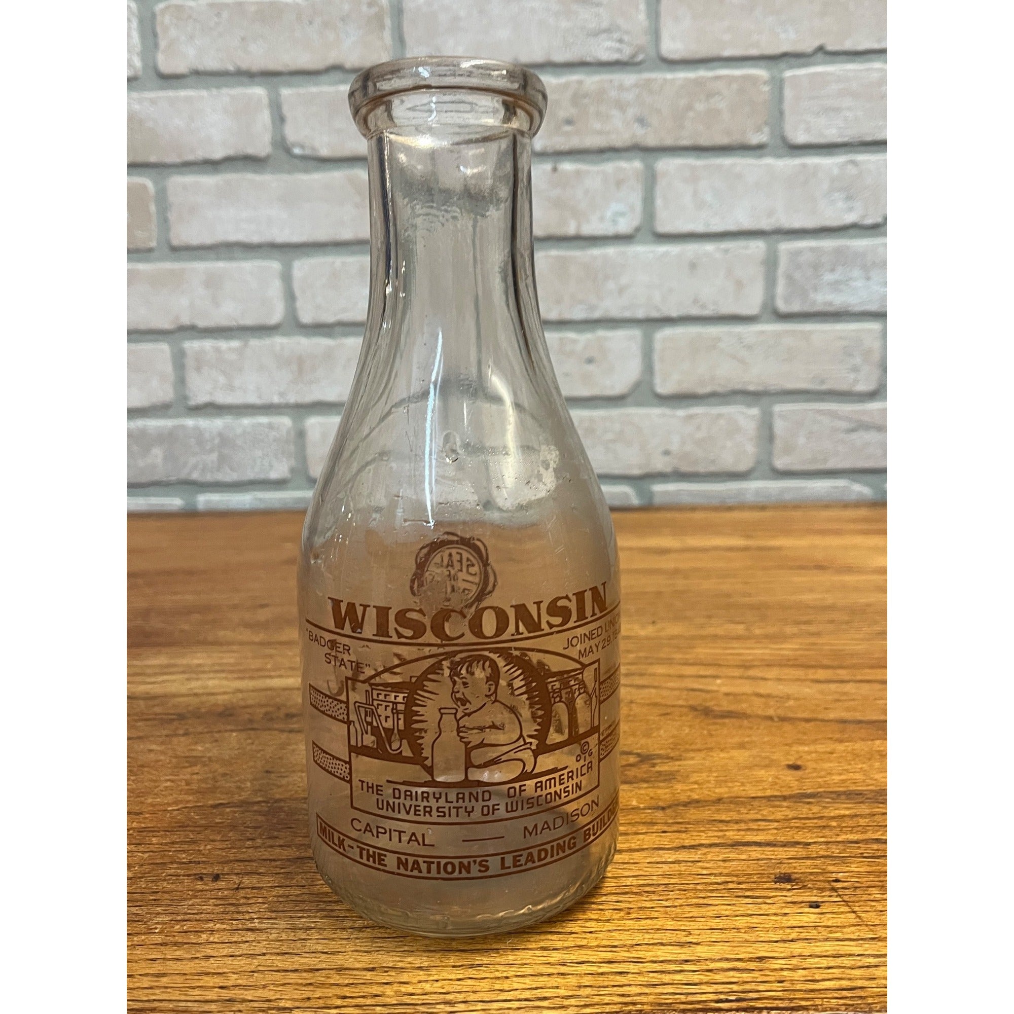 Vintage Midwest Milk Bottle With Wisconsin Facts Plymouth, Wisconsin University of WI One Quart