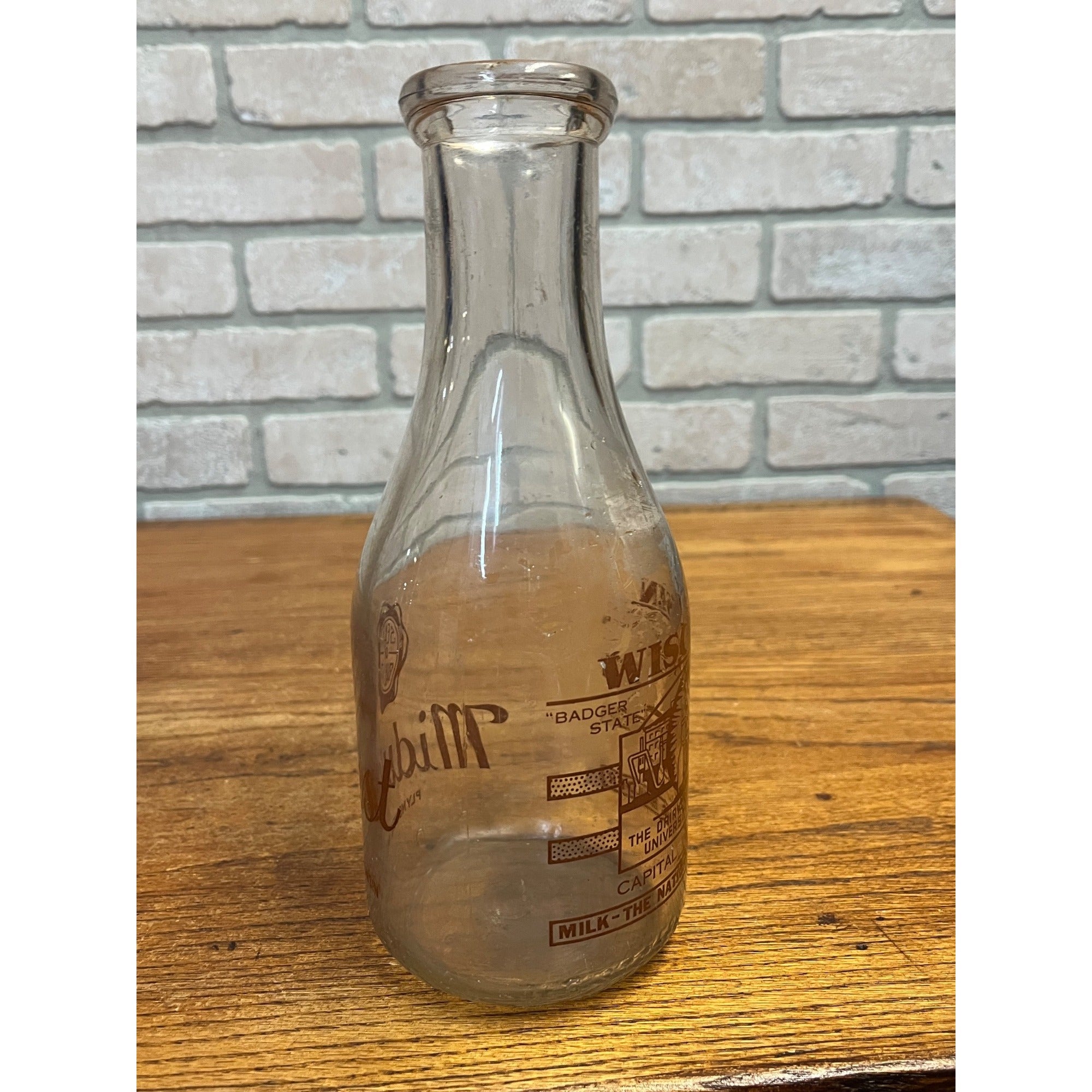 Vintage Midwest Milk Bottle With Wisconsin Facts Plymouth, Wisconsin University of WI One Quart
