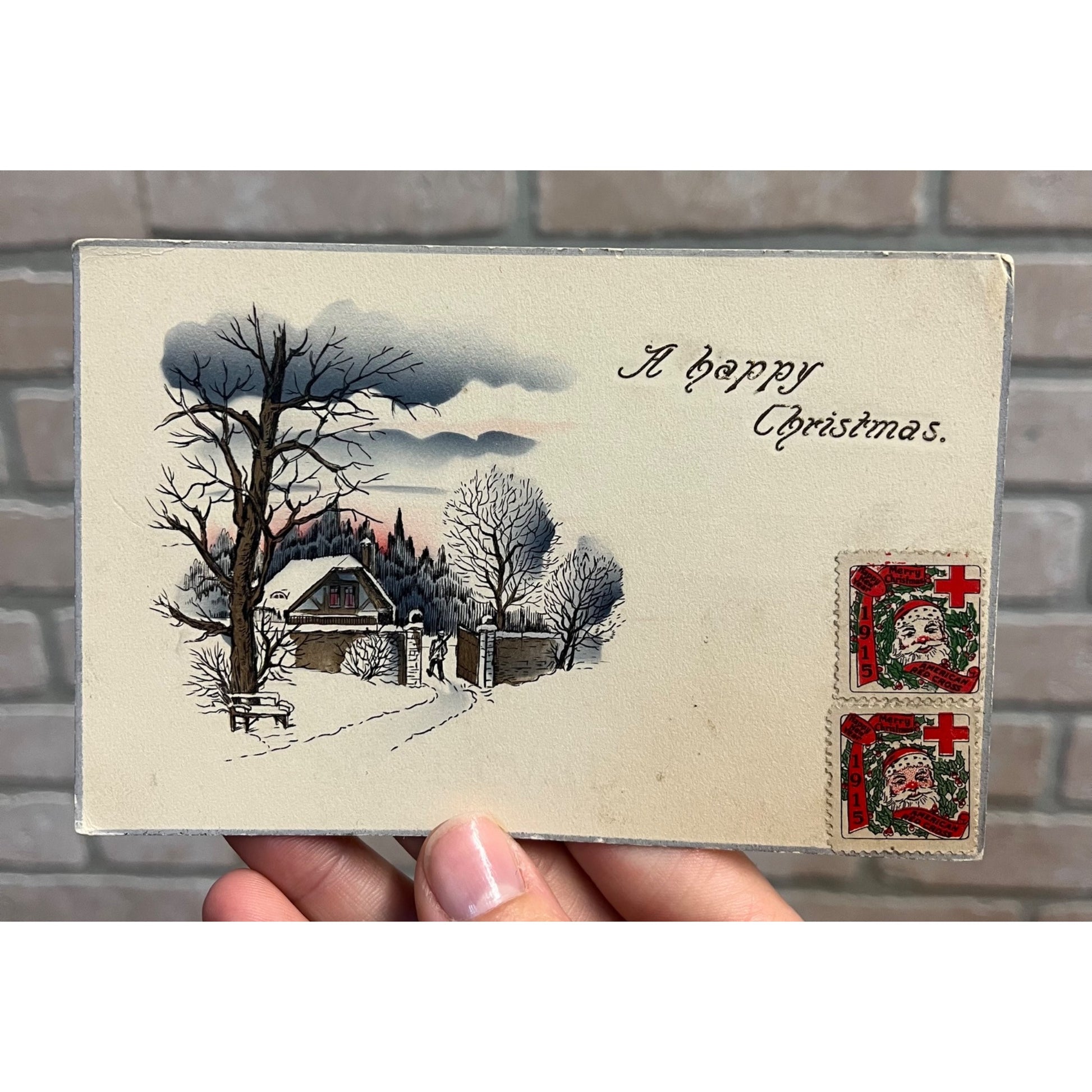 Vintage 1915 Christmas Postcard w/ TWO Christmas Seals Tied US American Red Cross