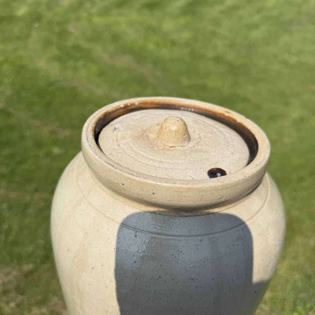 Antique White Cream Stoneware Lidded Crock Preserves Bean Pot Snuff