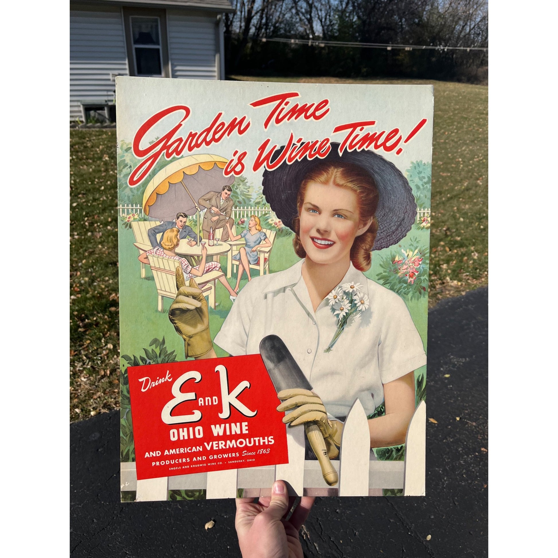 Vintage E and K Ohio Wine Cardboard Advertising Easelback Sign Store Display