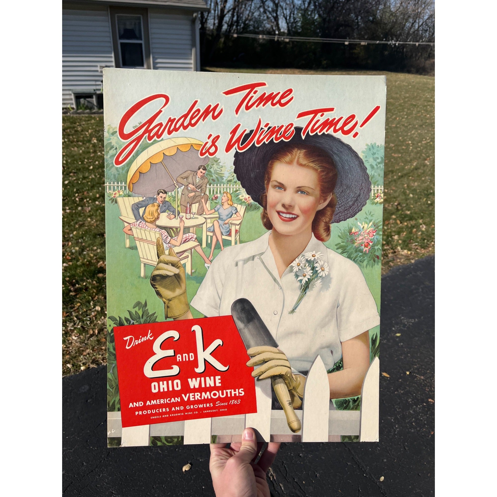 Vintage E and K Ohio Wine Cardboard Advertising Easelback Sign Store Display