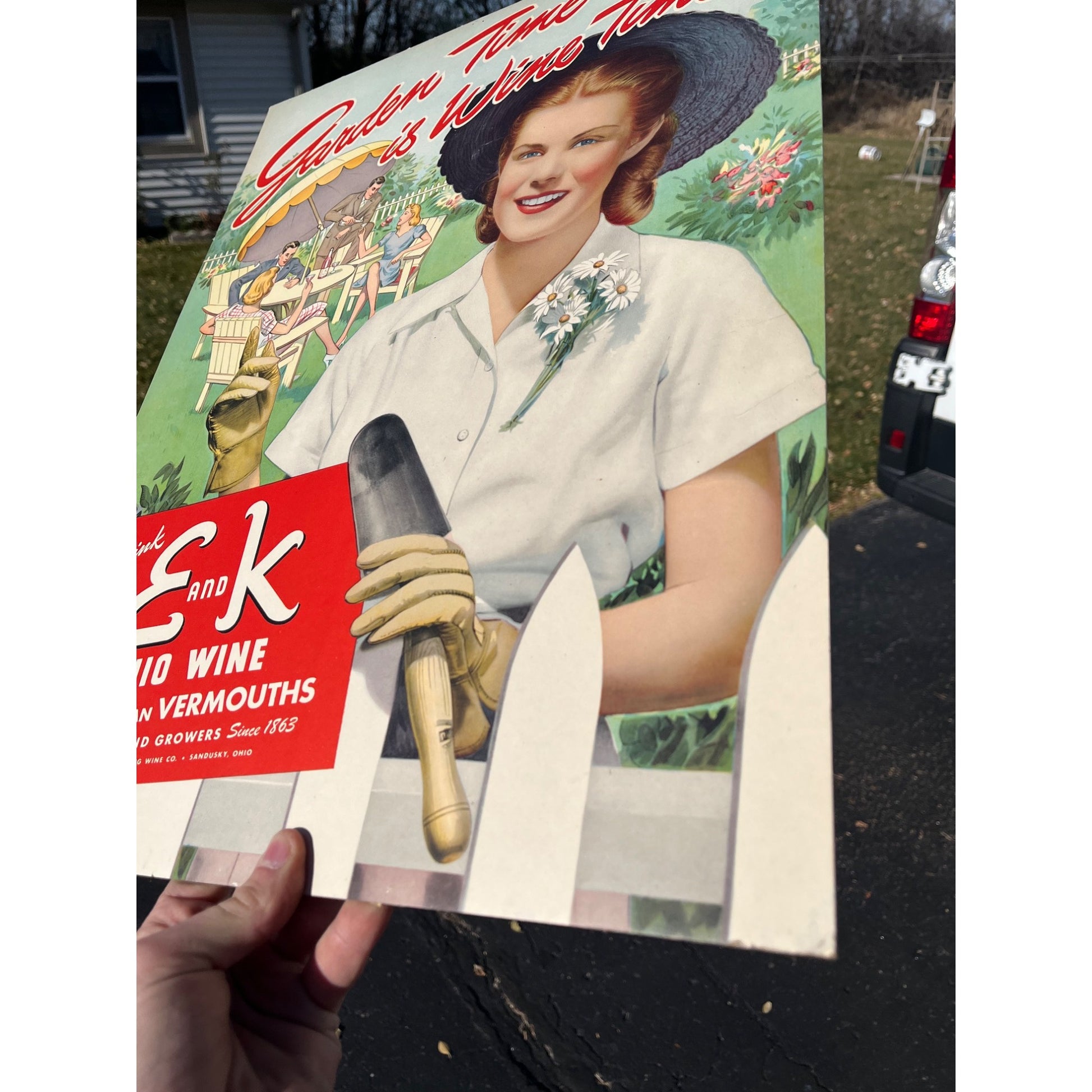 Vintage E and K Ohio Wine Cardboard Advertising Easelback Sign Store Display