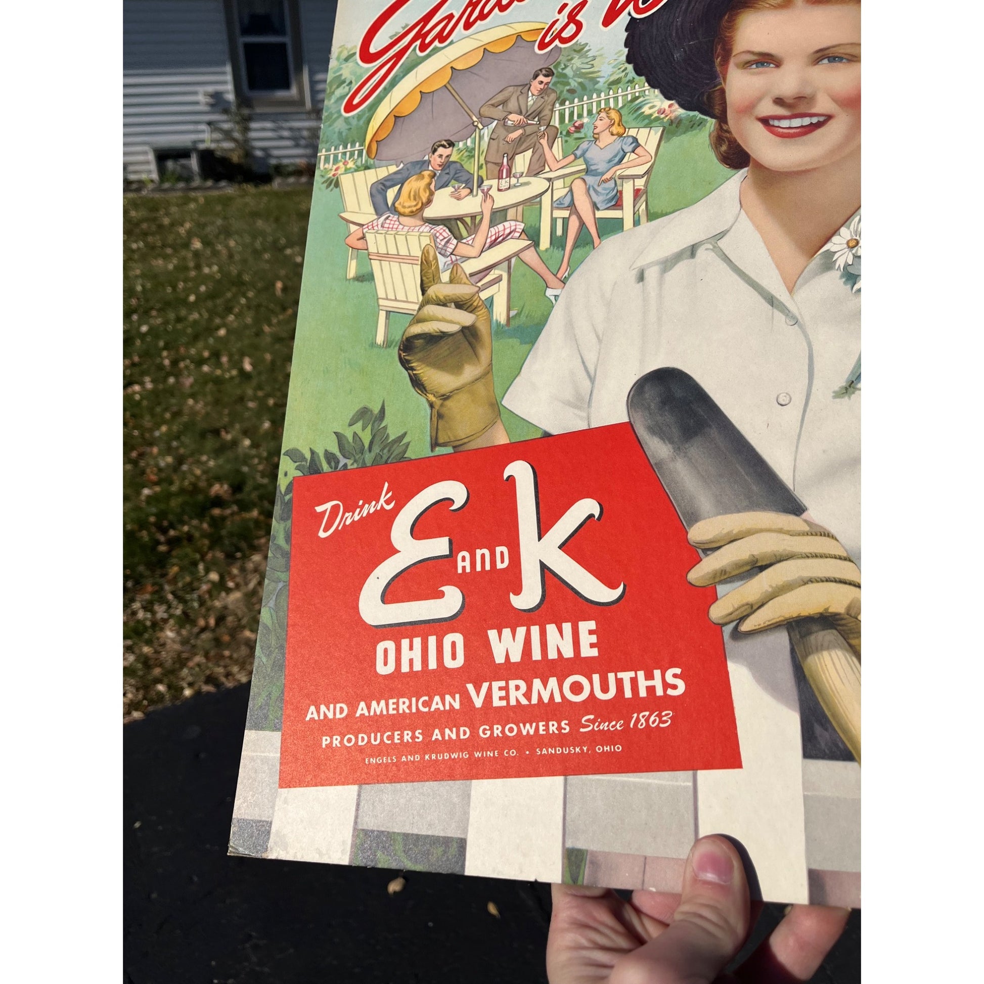 Vintage E and K Ohio Wine Cardboard Advertising Easelback Sign Store Display