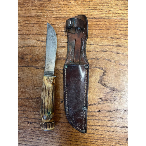Remington RH 73 Fixed Blade Knife, Genuine Stag, Original Leather Sheath 8"