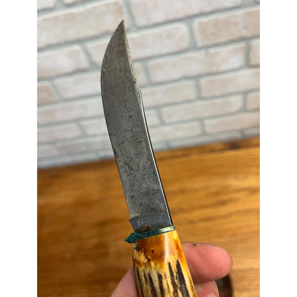 Remington RH 73 Fixed Blade Knife, Genuine Stag, Original Leather Sheath 8"