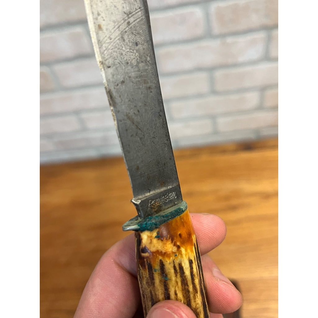 Remington RH 73 Fixed Blade Knife, Genuine Stag, Original Leather Sheath 8"