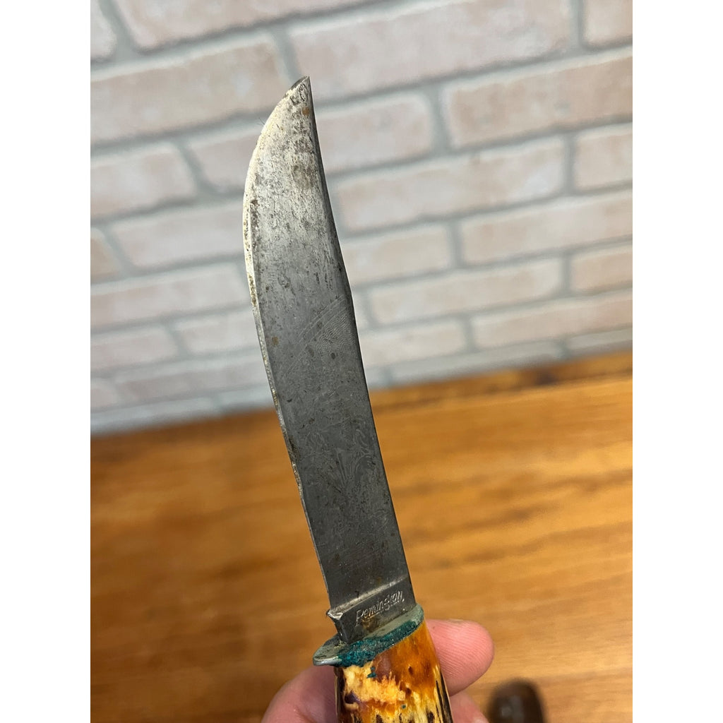 Remington RH 73 Fixed Blade Knife, Genuine Stag, Original Leather Sheath 8"