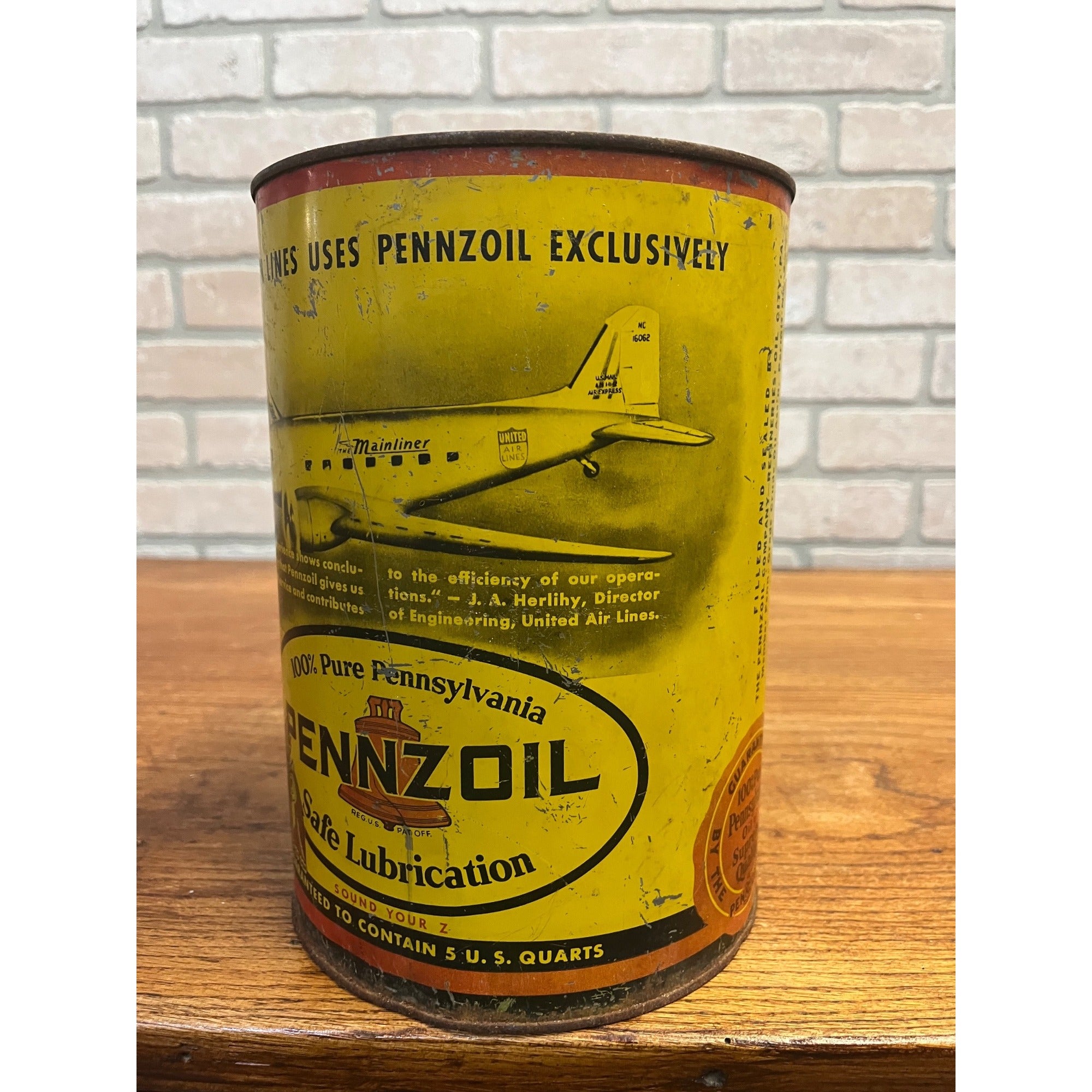 Vintage Pennzoil Liberty Bell 5 Quart Motor Oil Tin Can Owls United Air Lines
