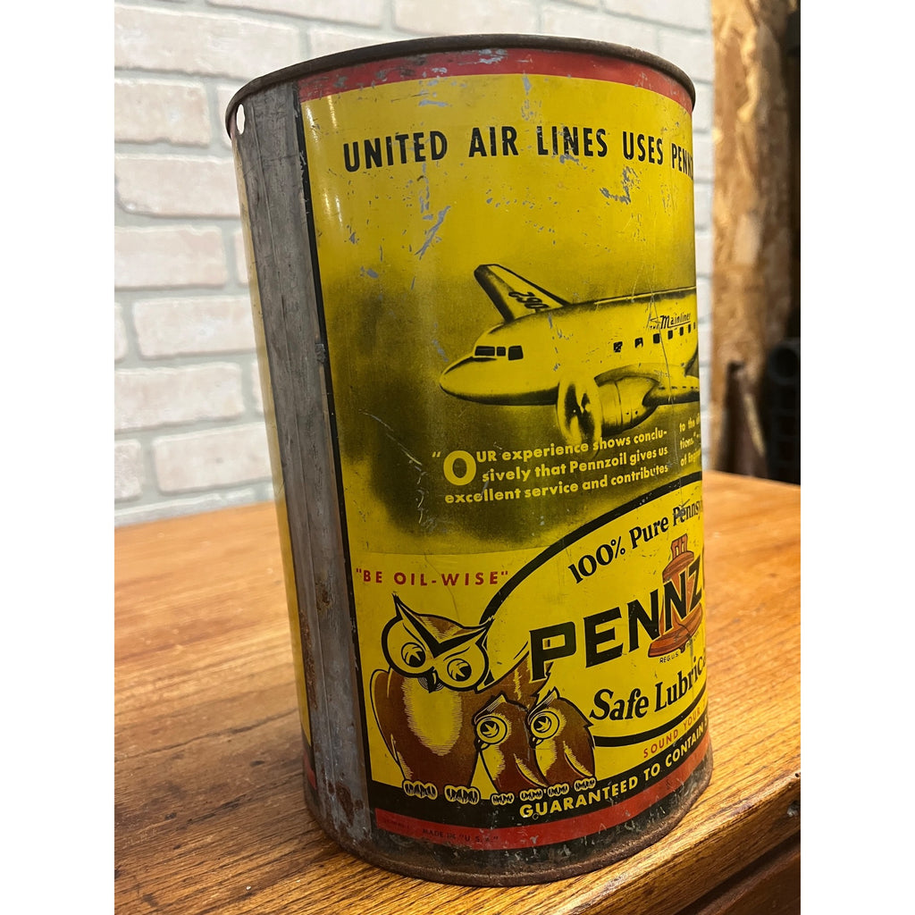 Vintage Pennzoil Liberty Bell 5 Quart Motor Oil Tin Can Owls United Air Lines