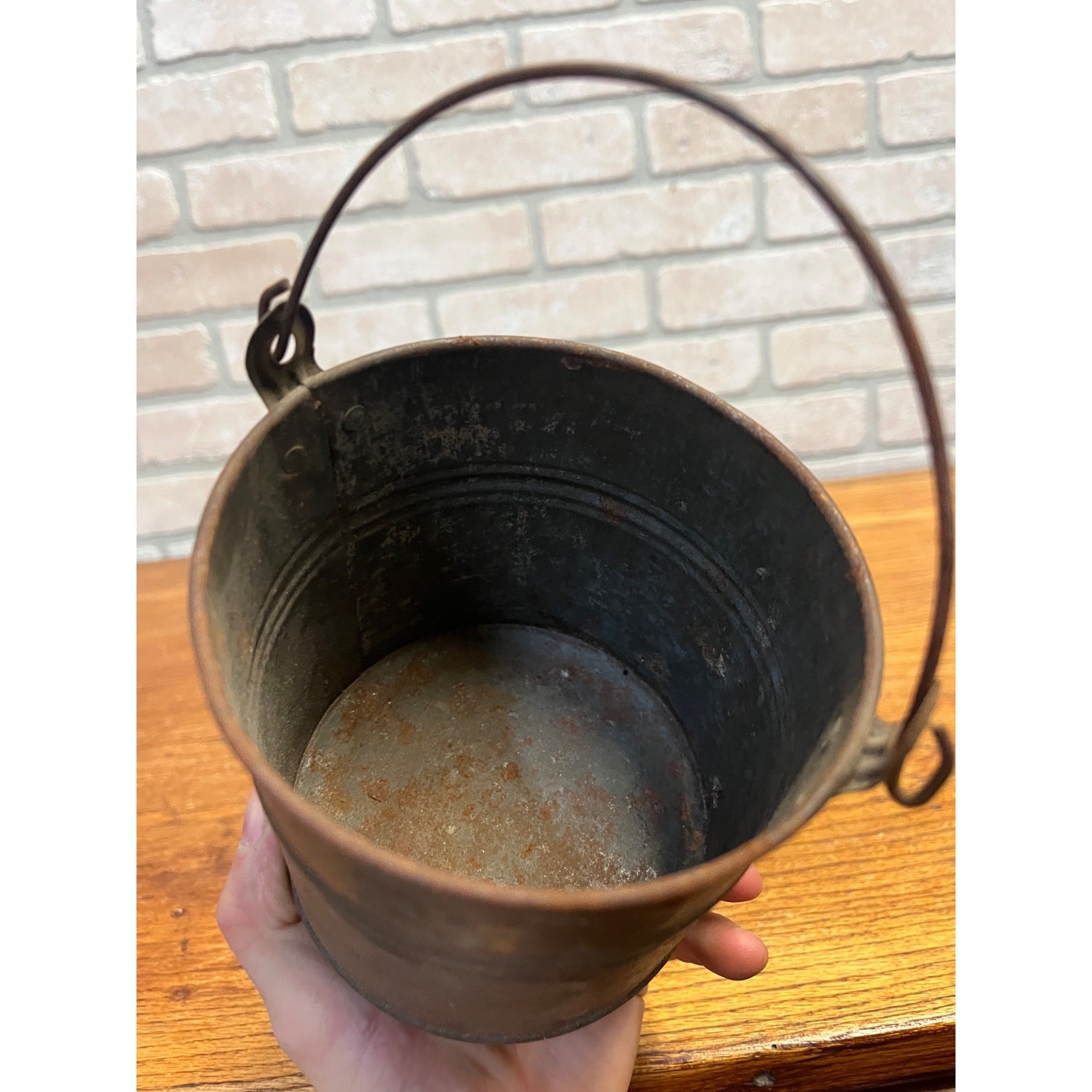 Antique Primitive 1900s Small Tin Berry Bucket Pail w/ Handle Farmhouse Country