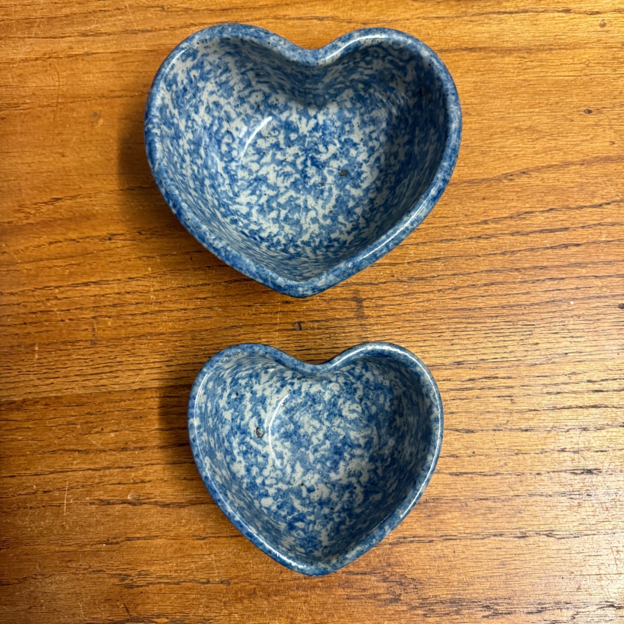 Vintage Handmade Stoneware Heart Bowl/Dish Set Blue and White Sponge Glaze Decoration Primitive Kitchen Decor