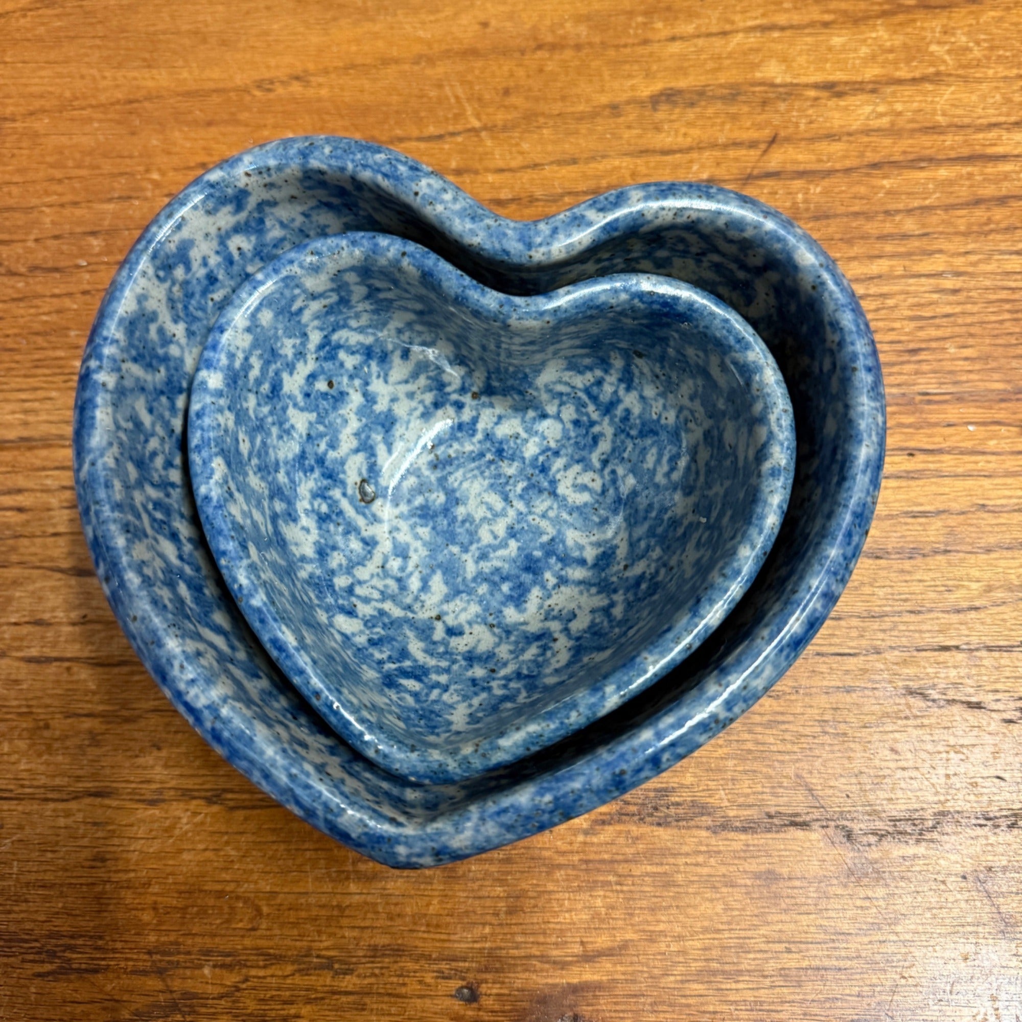 Vintage Handmade Stoneware Heart Bowl/Dish Set Blue and White Sponge Glaze Decoration Primitive Kitchen Decor