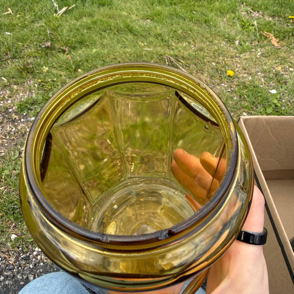 Antique Honey Yellow Light Amber Ribbed Cigar Humidor Jar W/ Lid 1900s