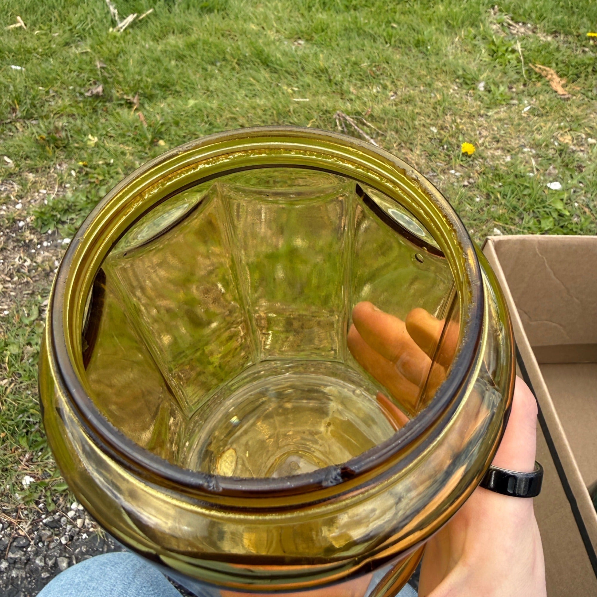 Antique Honey Yellow Light Amber Ribbed Cigar Humidor Jar W/ Lid 1900s
