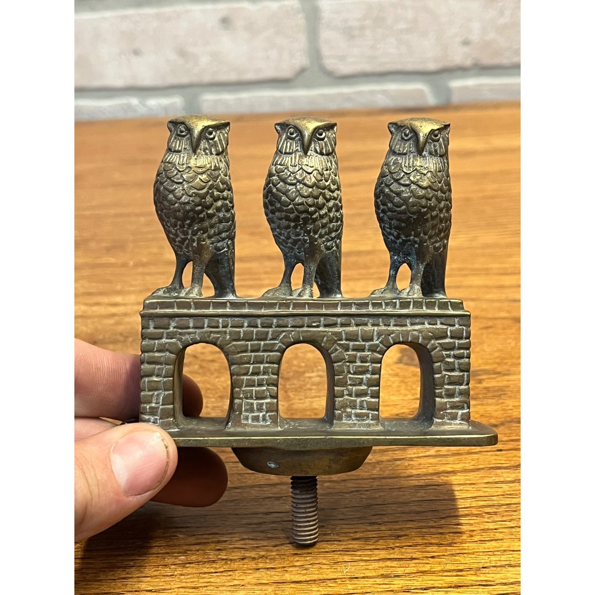 Vintage Three Wise Owls on Bridge Auto Mascot Hood Ornament Emblem British?