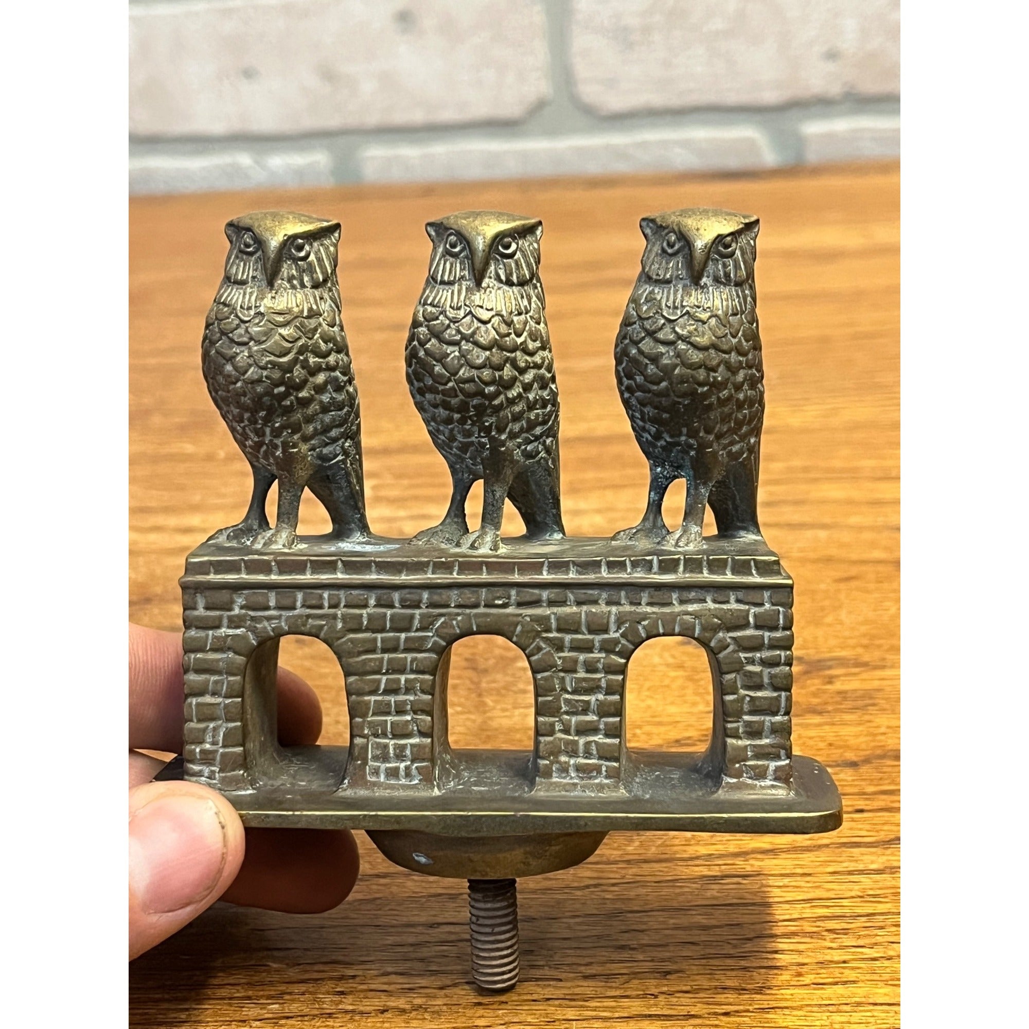Vintage Three Wise Owls on Bridge Auto Mascot Hood Ornament Emblem British?