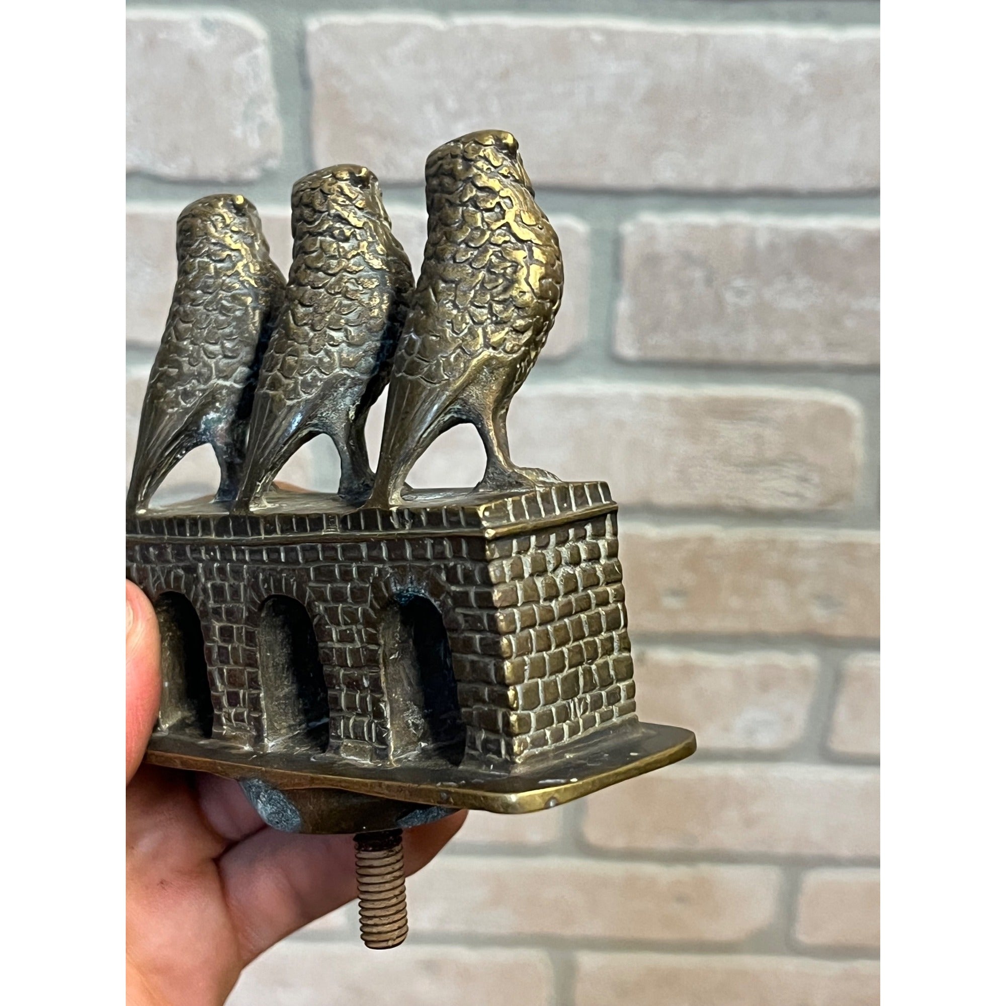 Vintage Three Wise Owls on Bridge Auto Mascot Hood Ornament Emblem British?