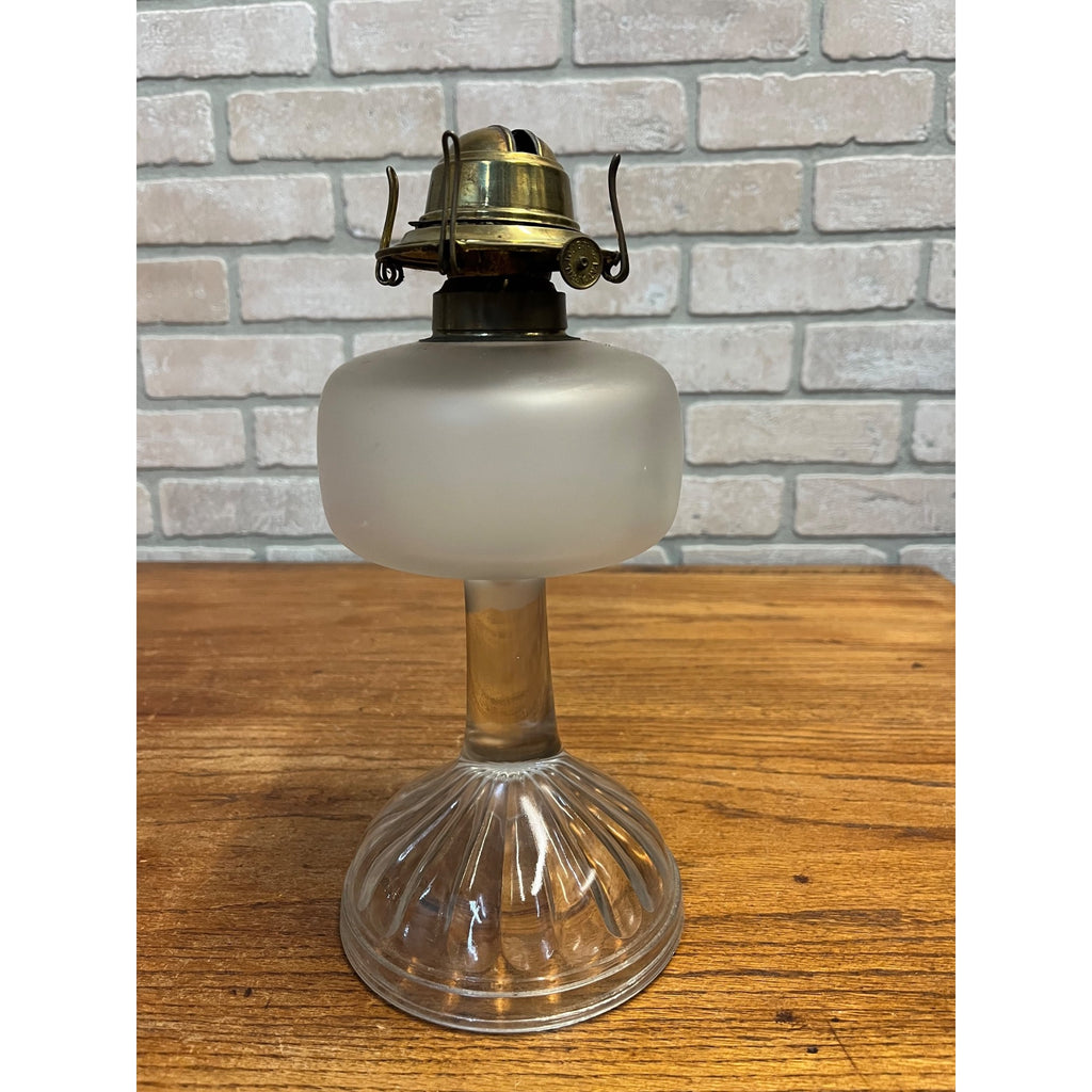 Antique Victorian Frosted Glass 11" Pedestal Oil Lamp w/ Patent 1877 Burner