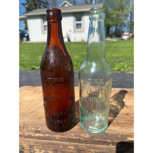 Antique Park Brewing Co Beer Bottle Hancock Michigan Lot (2) Amber + Aqua"