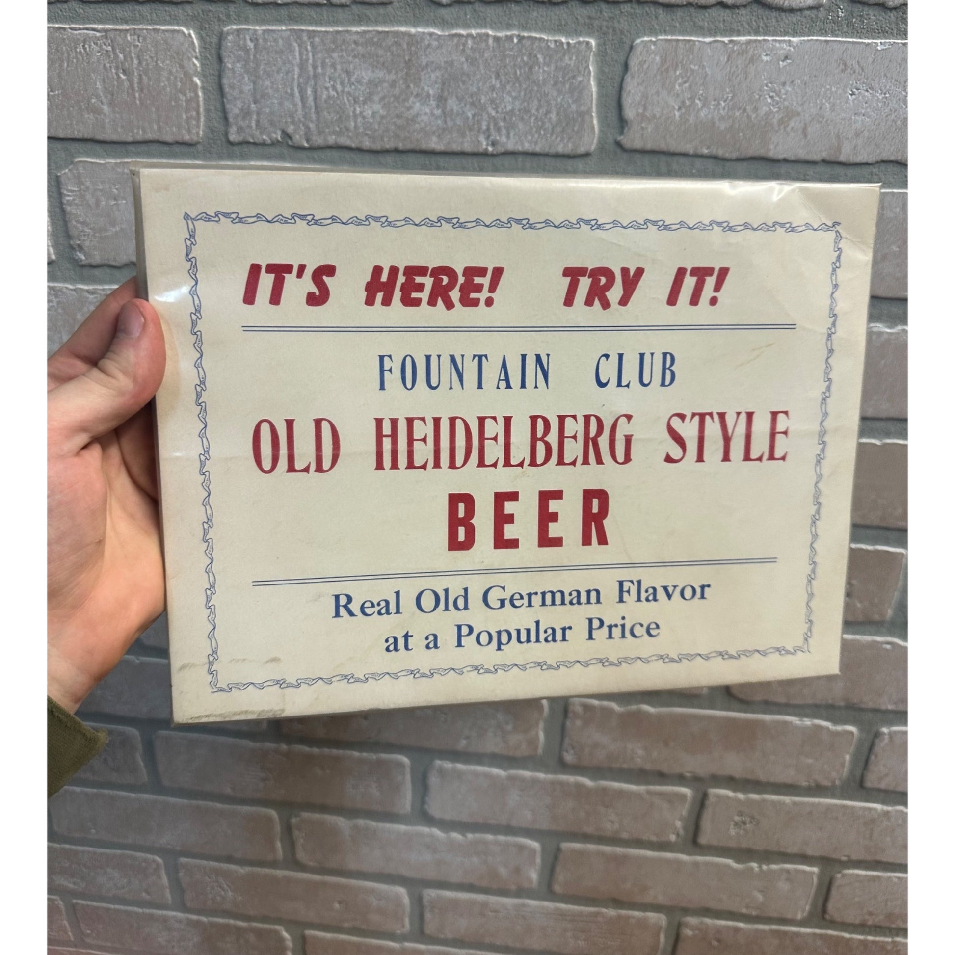 Vintage Fountain Club Beer Sign Old Heidelberg Style Advertising Sign Wisconsin WI
