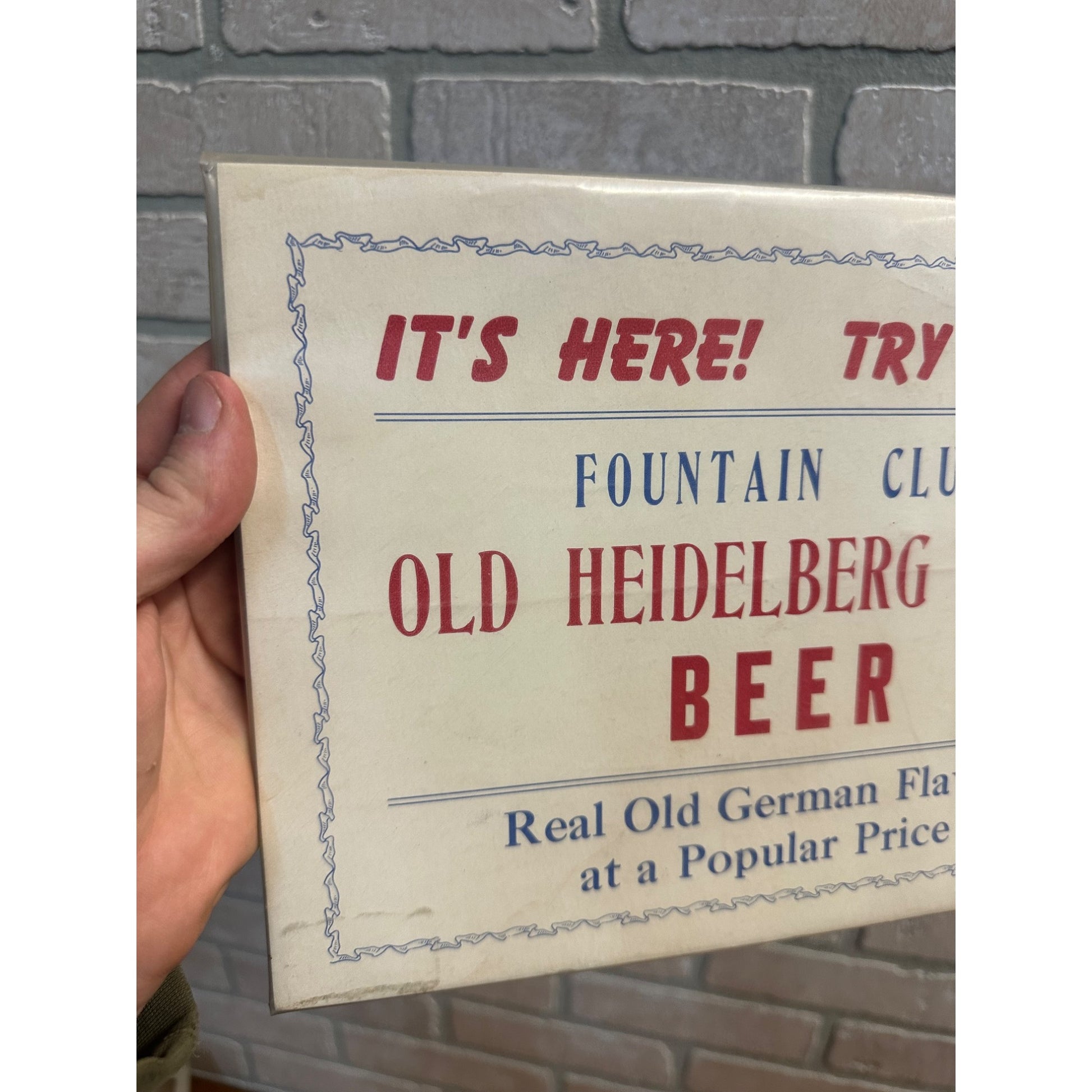 Vintage Fountain Club Beer Sign Old Heidelberg Style Advertising Sign Wisconsin WI