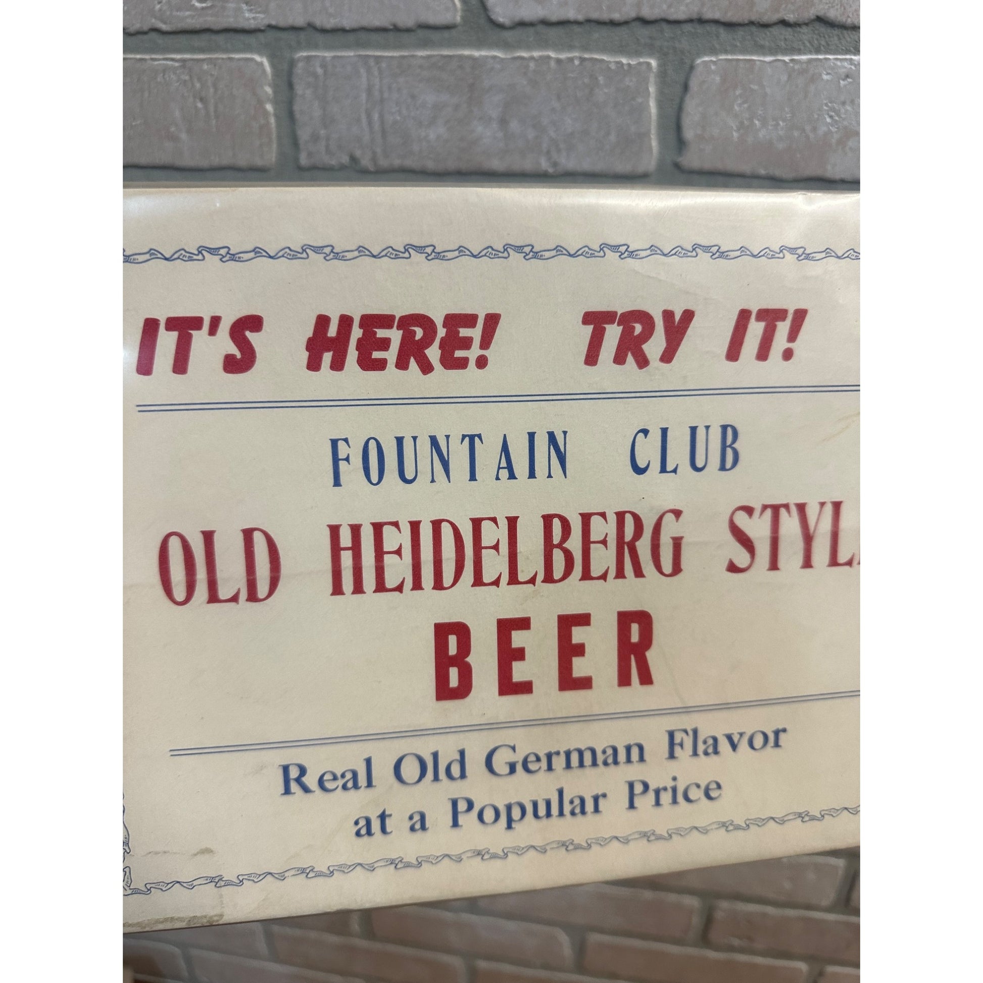 Vintage Fountain Club Beer Sign Old Heidelberg Style Advertising Sign Wisconsin WI