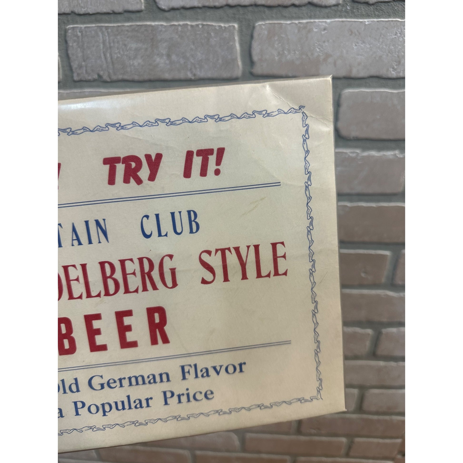 Vintage Fountain Club Beer Sign Old Heidelberg Style Advertising Sign Wisconsin WI