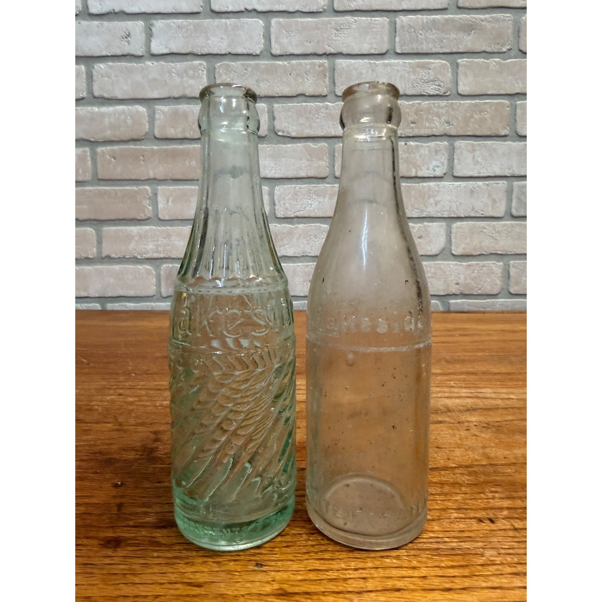 Vintage Lot of 2 Lakeside Sheboygan Wiconsin Soda Bottles Twisted Green 7-1/2 and 7 oz