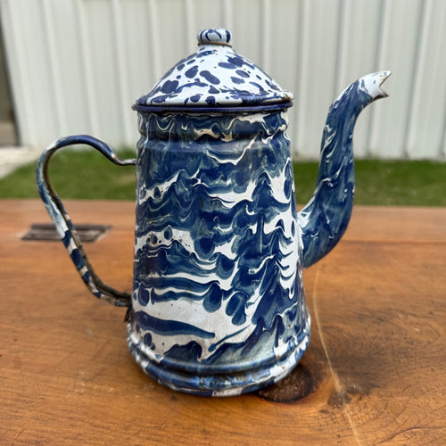 Antique Primitive Blue & White Siwrl Rnamelware Coffee Pot 7" Rustic Farmhouse