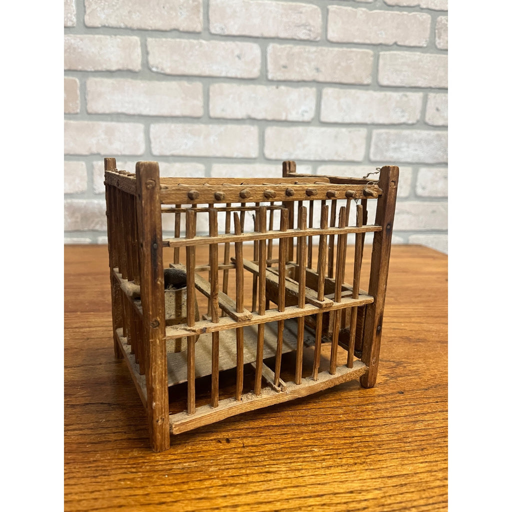 Antique Coal Miner's Wooden Bird Cage Stoneware Water Dish Wood Feeder Perches