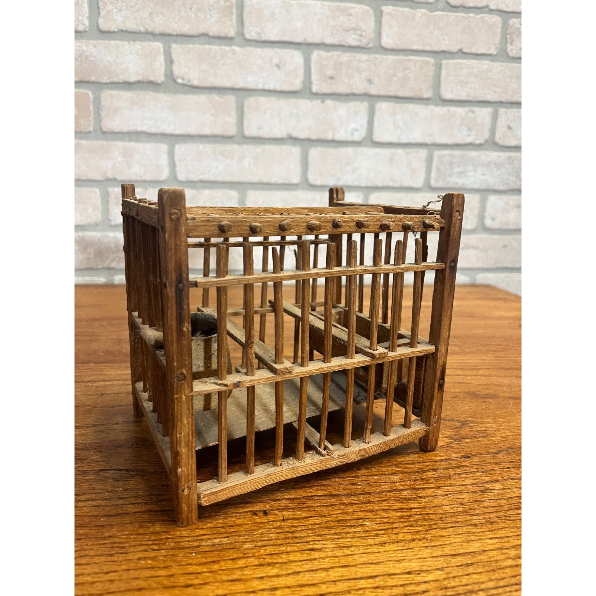 Antique Coal Miner's Wooden Bird Cage Stoneware Water Dish Wood Feeder Perches