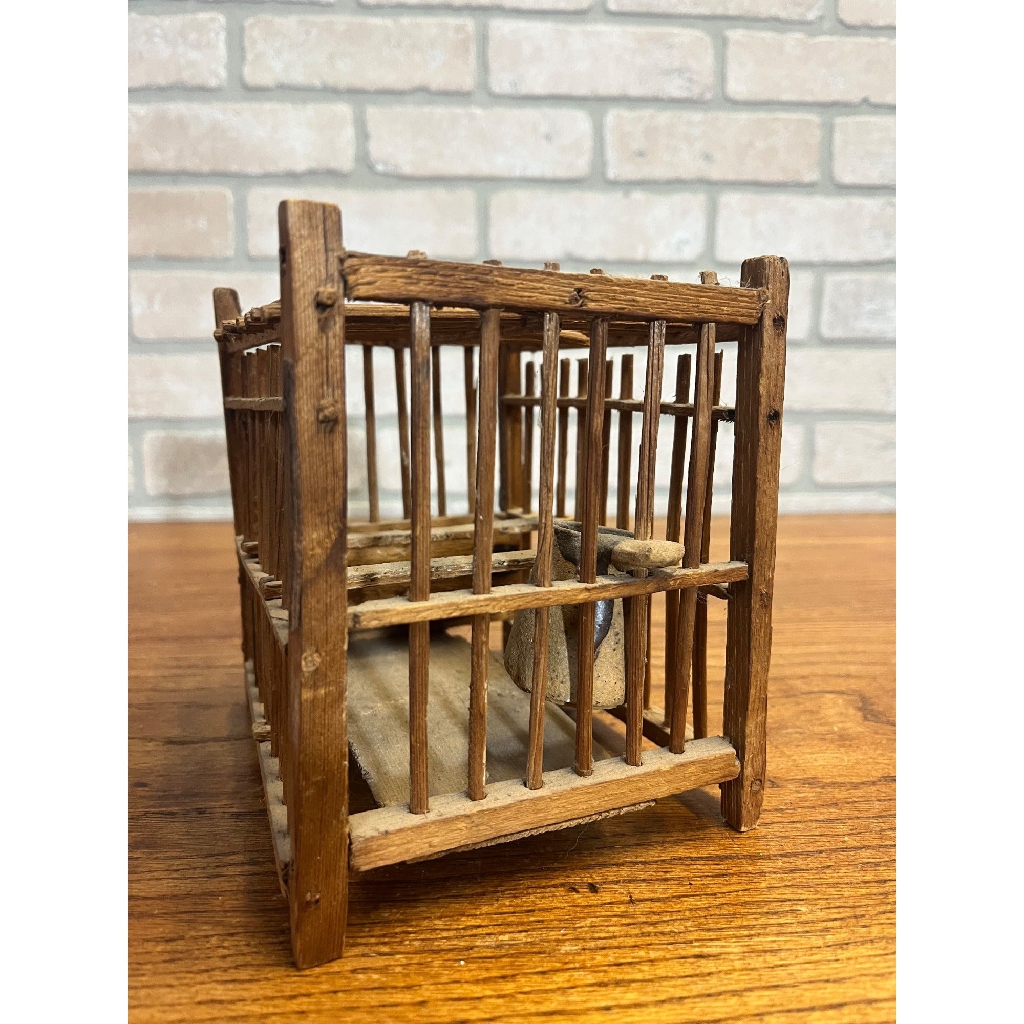 Antique Coal Miner's Wooden Bird Cage Stoneware Water Dish Wood Feeder Perches