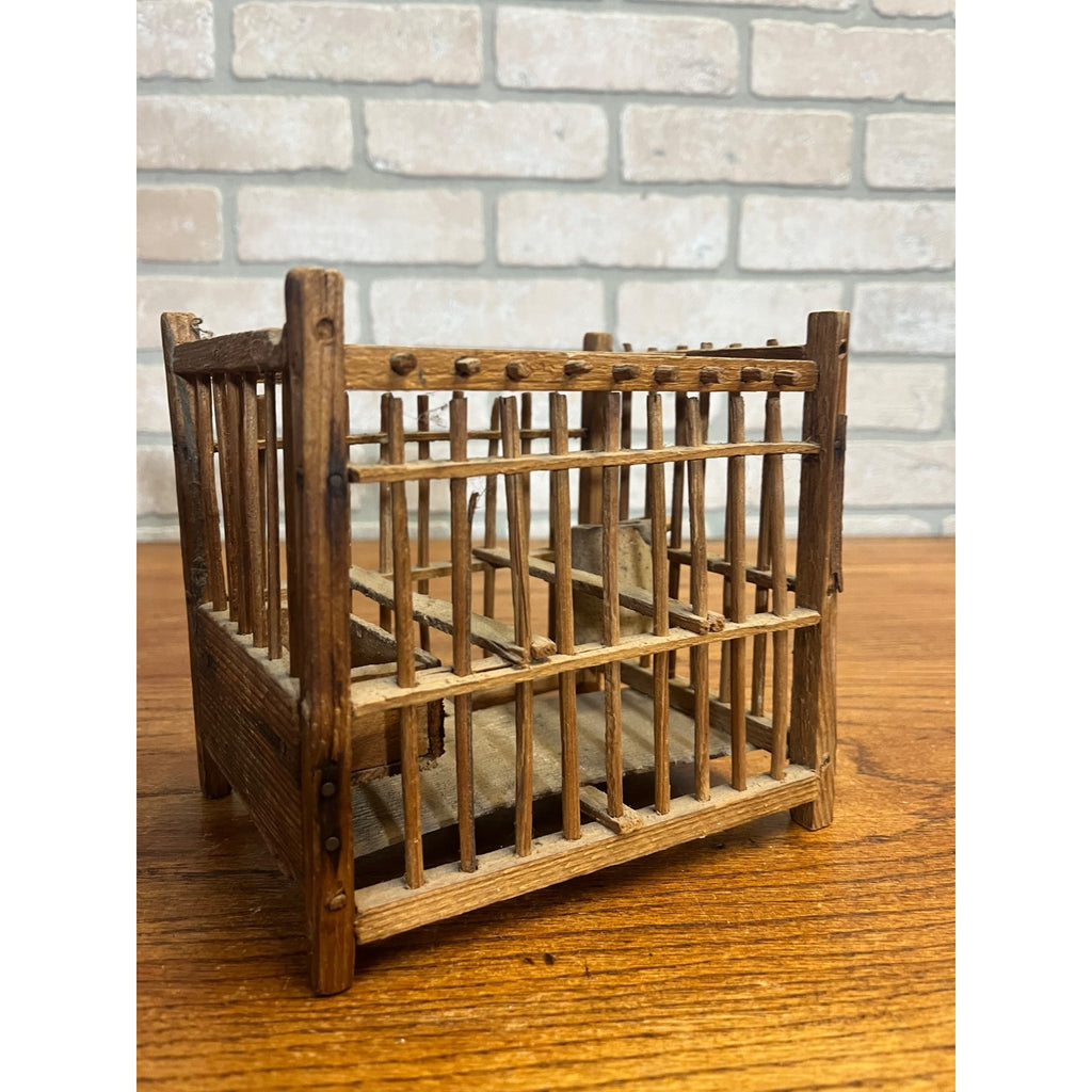Antique Coal Miner's Wooden Bird Cage Stoneware Water Dish Wood Feeder Perches