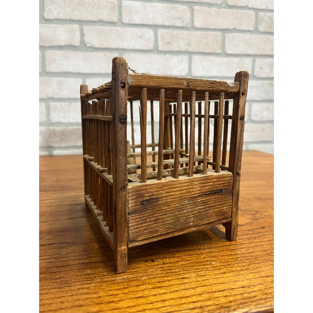 Antique Coal Miner's Wooden Bird Cage Stoneware Water Dish Wood Feeder Perches