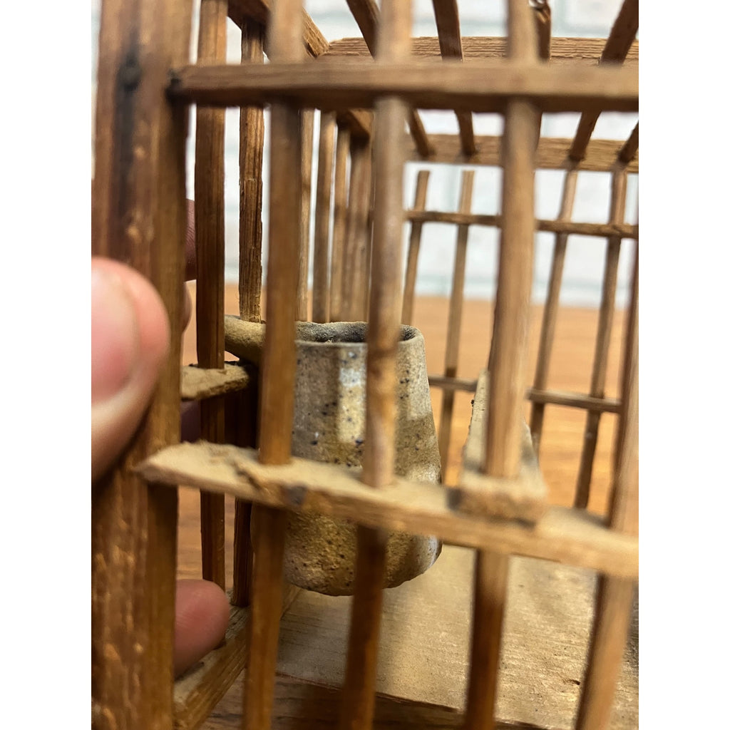 Antique Coal Miner's Wooden Bird Cage Stoneware Water Dish Wood Feeder Perches