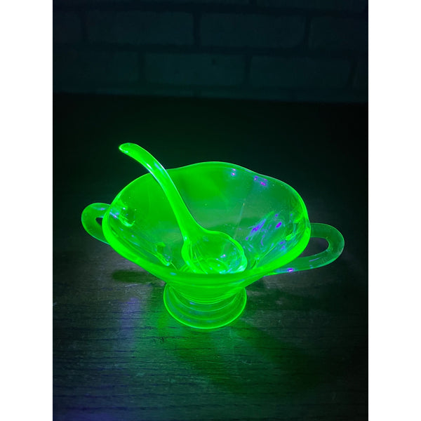Vintage Uranium Glass Mayonnaise Sauce Serving Bowl & Ladle Teal Blue Handled