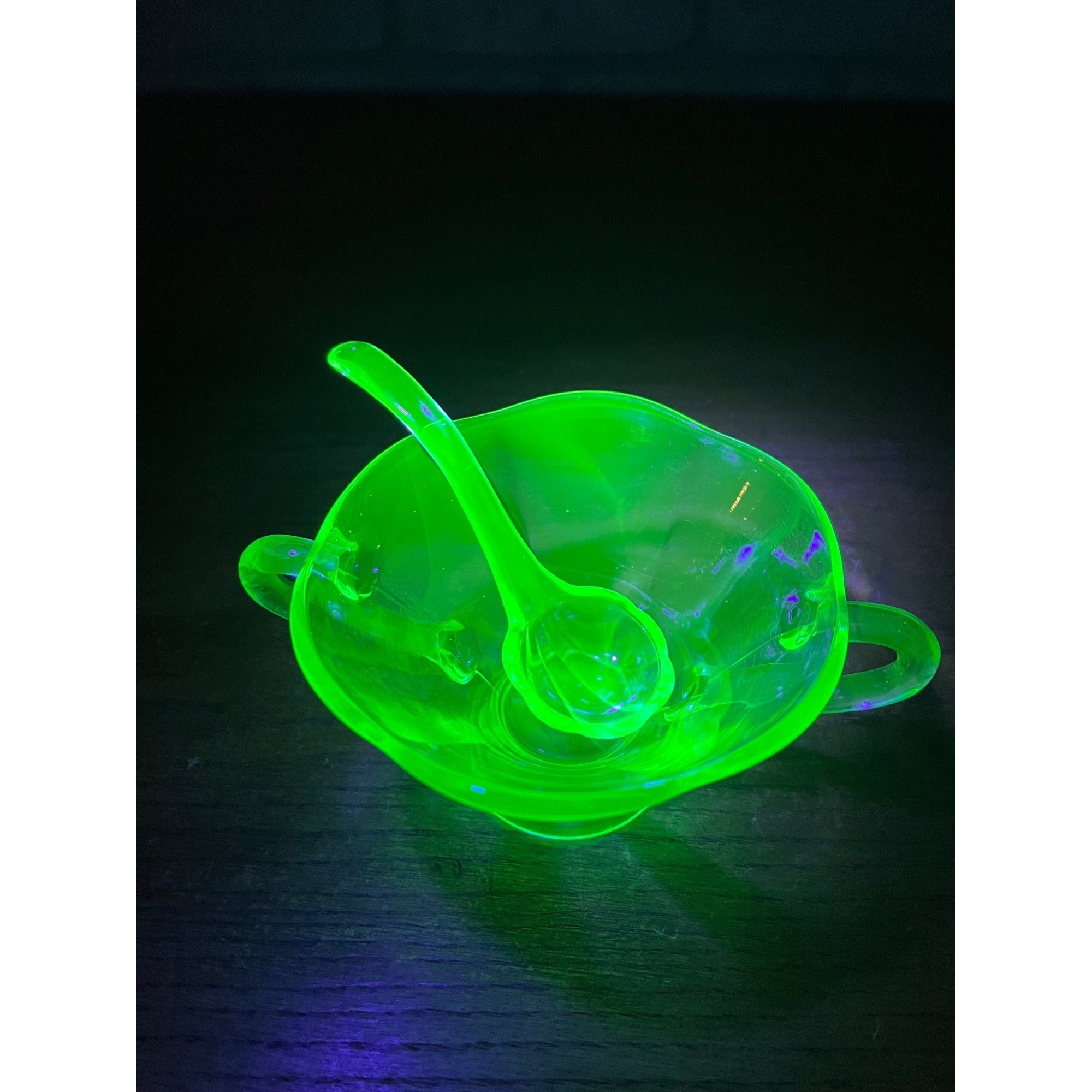 Vintage Uranium Glass Mayonnaise Sauce Serving Bowl & Ladle Teal Blue Handled