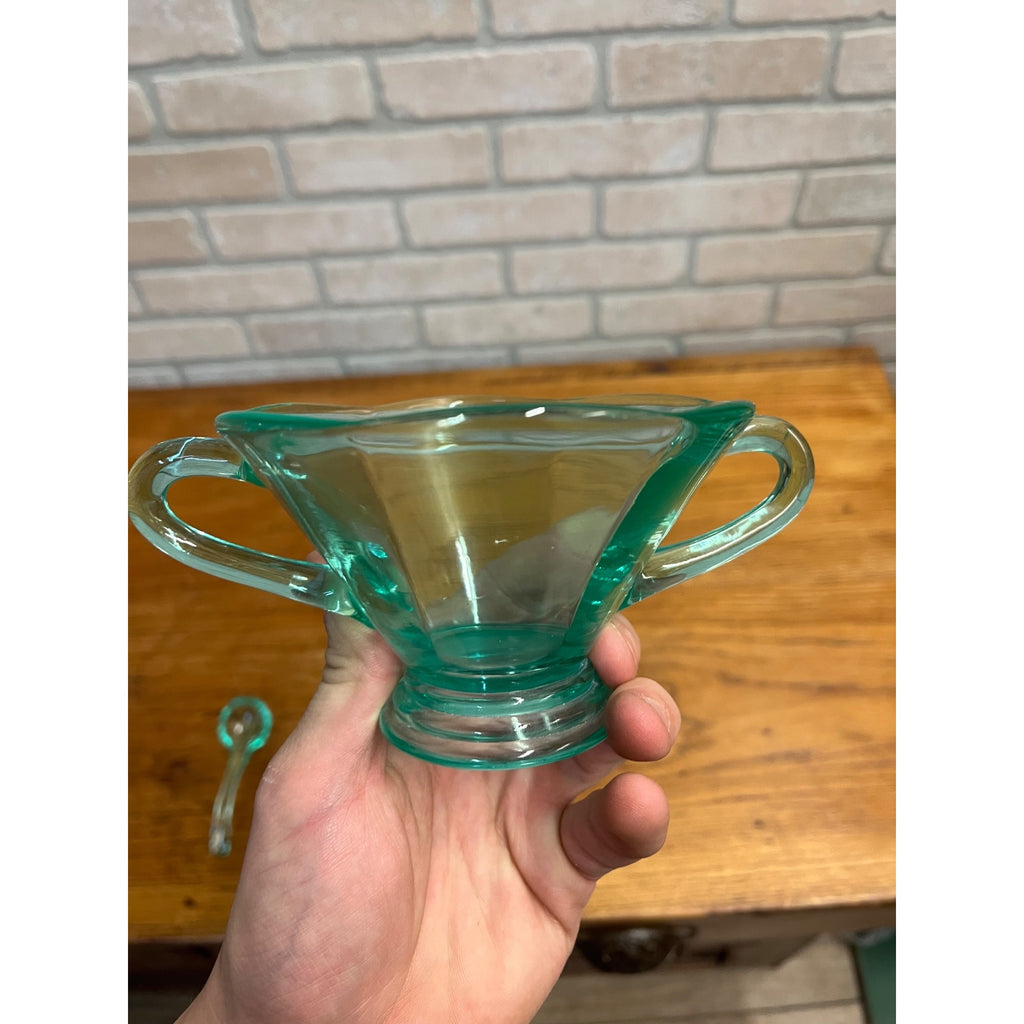 Vintage Uranium Glass Mayonnaise Sauce Serving Bowl & Ladle Teal Blue Handled