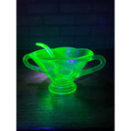 Vintage Uranium Glass Mayonnaise Sauce Serving Bowl & Ladle Teal Blue Handled