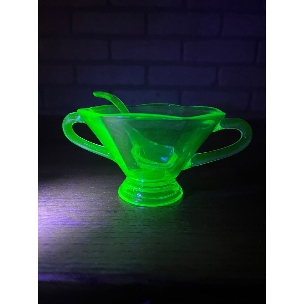Vintage Uranium Glass Mayonnaise Sauce Serving Bowl & Ladle Teal Blue Handled