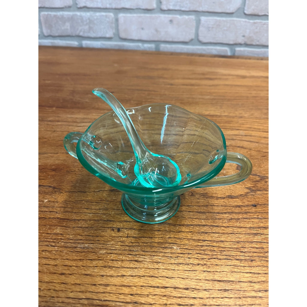 Vintage Uranium Glass Mayonnaise Sauce Serving Bowl & Ladle Teal Blue Handled
