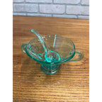 Vintage Uranium Glass Mayonnaise Sauce Serving Bowl & Ladle Teal Blue Handled
